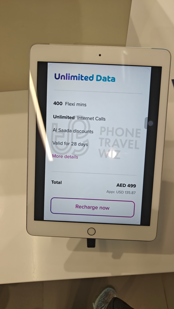 Du United Arab Emirates 499 AED Unlimited Plan Shown at Abu Dhabi-Zayed International Airport