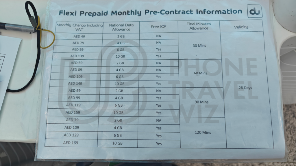 Du United Arab Emirates Flexi Prepaid Monthly Plans Shown at Sharjah International Airport