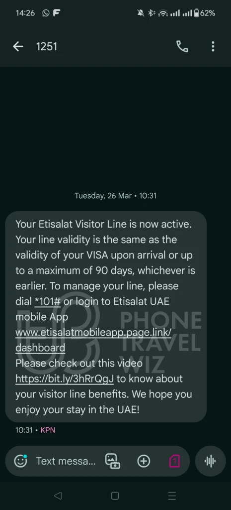 Etisalat United Arab Emirates Welcome SMS