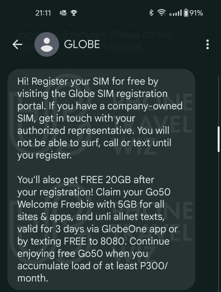 Globe Philippines SIM Card Registration GO50 5 GB Free Data Info