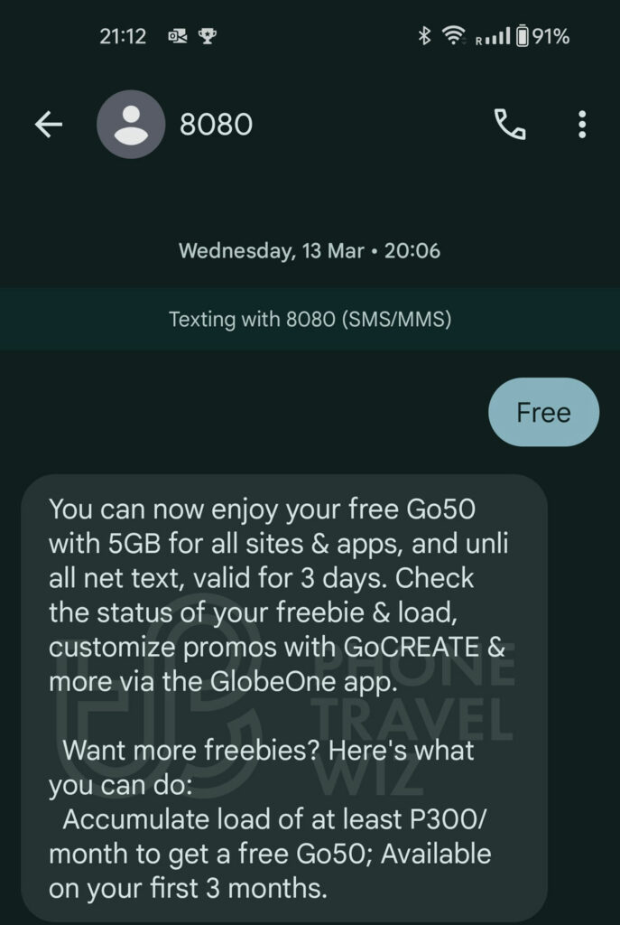 Globe Philippines SIM Card Registration GO50 5 GB Free Data Text