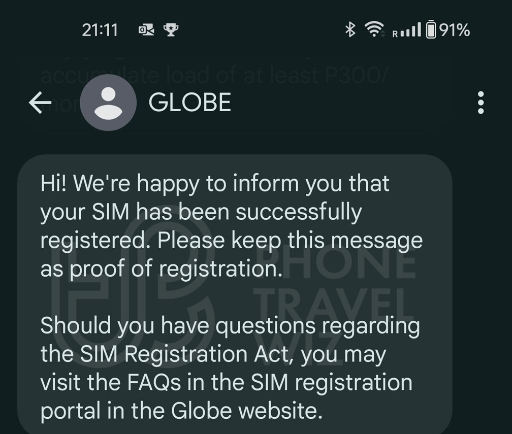 Globe Philippines SIM Card Registration Success Text