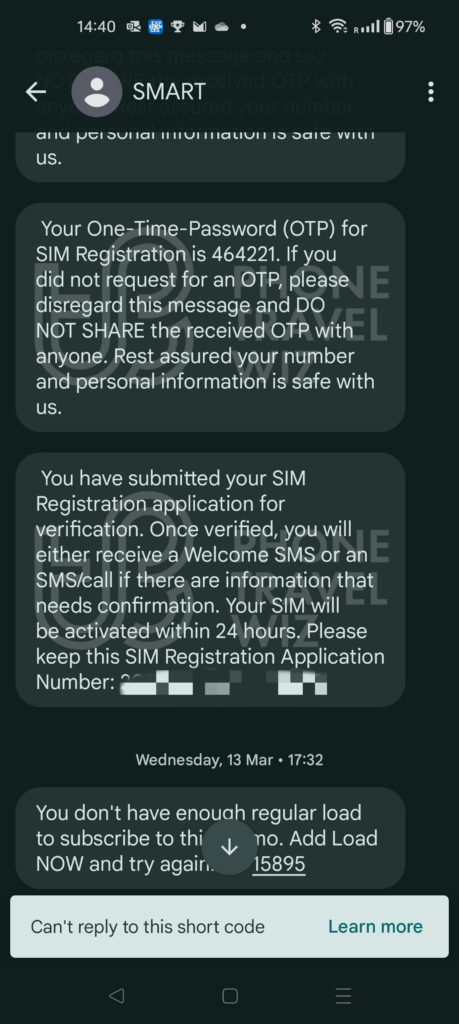 Smart Philippines SIM Card Registration Acknowledgement Text