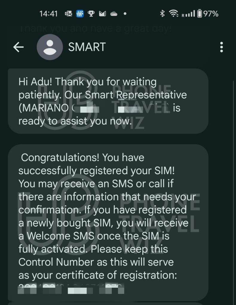 Smart Philippines SIM Card Registration Success Text